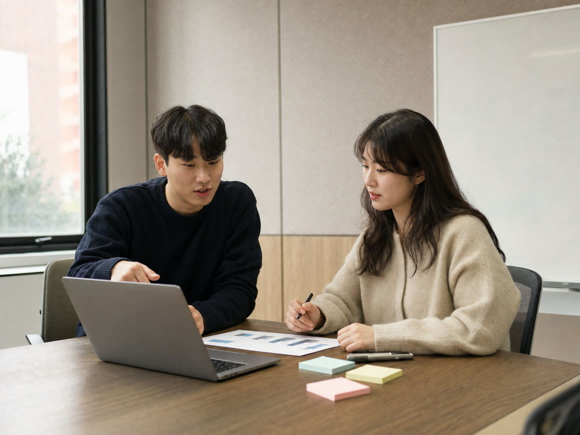 예시 이미지: 회의 테이블에서 캠페인별 성과를 검토하는 장면