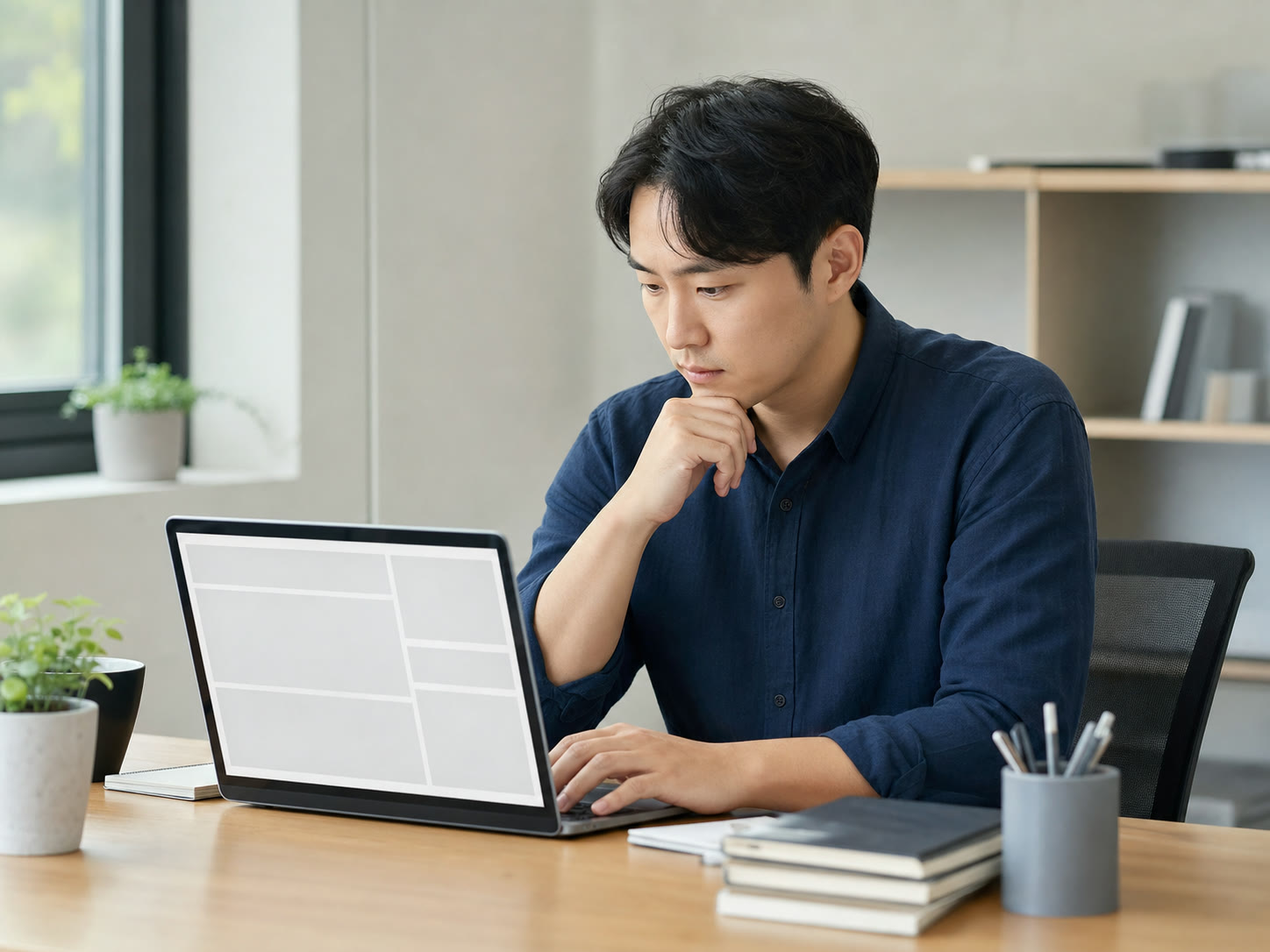 예시 이미지: 사무실에서 광고 성과 화면을 확인하는 마케터