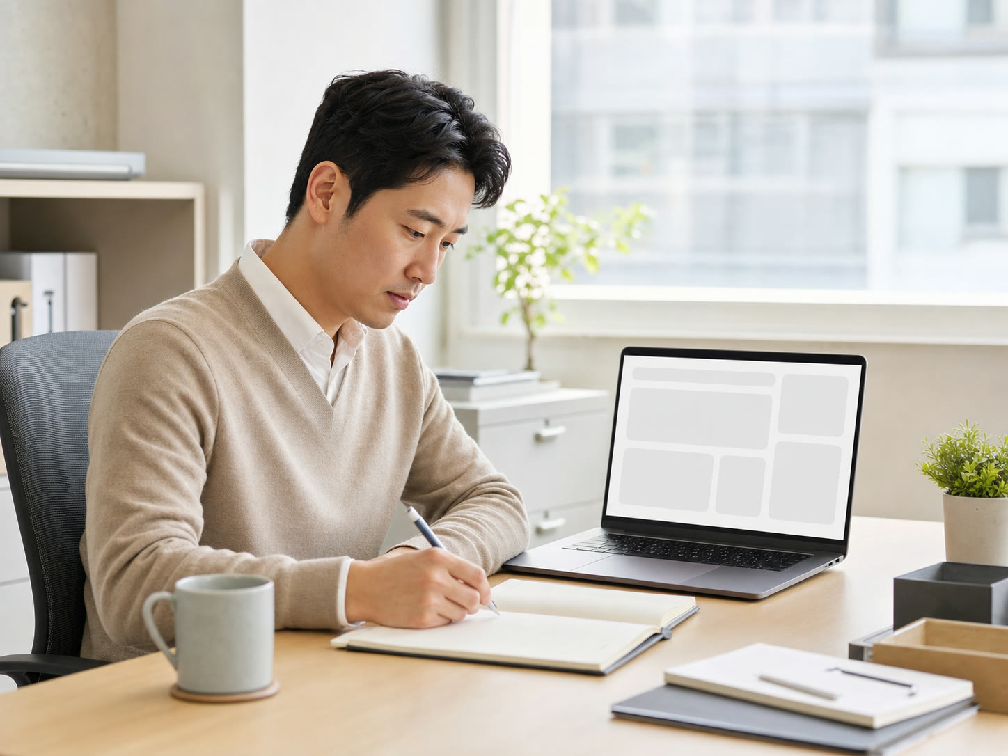 광고 성과 화면을 보며 메모하는 마케터의 예시 이미지