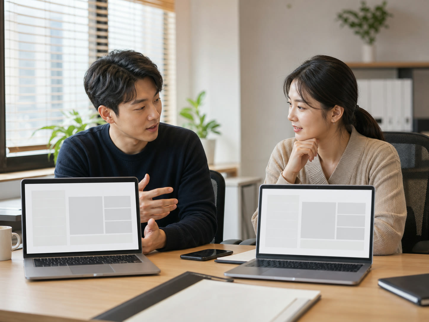광고 성과 화면을 함께 살펴보는 장면의 예시 이미지
