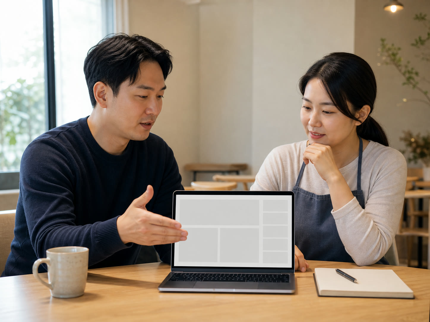예시 이미지: 성과를 함께 검토하며 업무 방향을 정하는 교육 장면