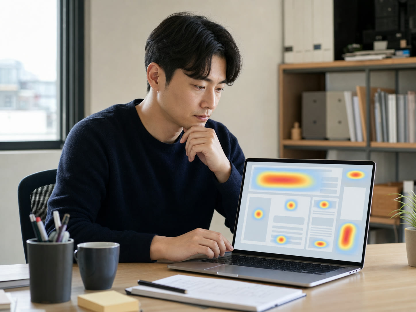 예시 이미지: 노트북 화면의 색 농도 지도를 보며 페이지 반응을 확인하는 장면
