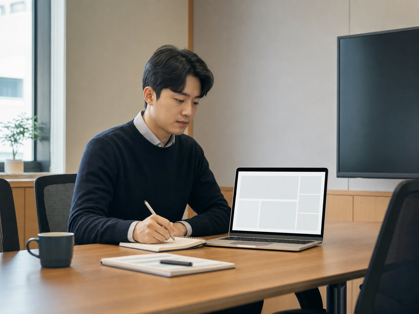 예시 이미지: 인하우스 마케터가 회의 전 성과를 정리하는 모습