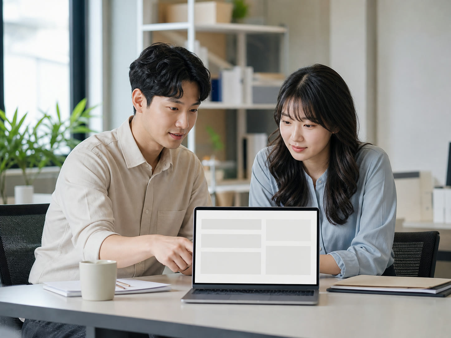 리포트 초안을 함께 검토하는 소규모 마케팅팀의 예시 이미지