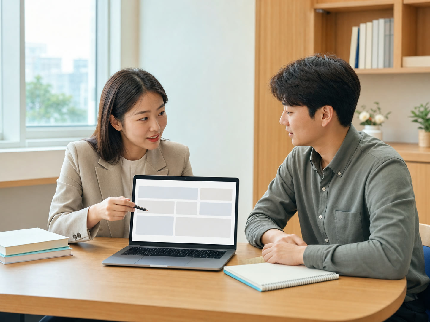 오프라인 교육 공간에서 성과 화면을 보며 이야기하는 예시 이미지