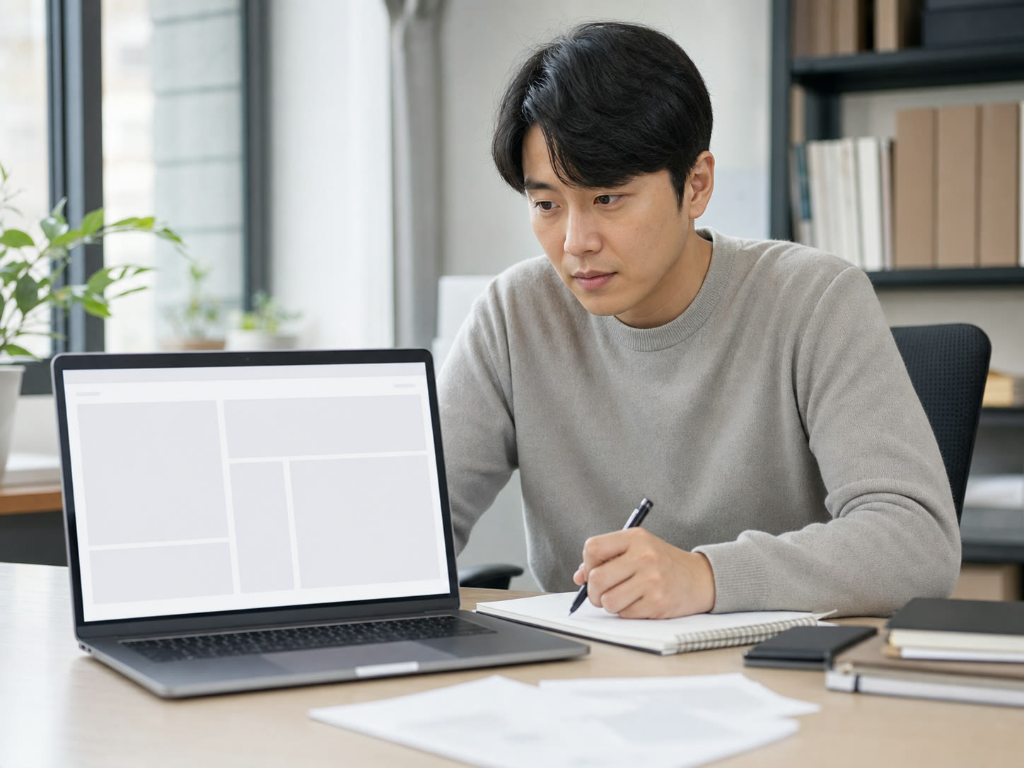 예시 이미지: 노트북 화면의 성과 차트를 보며 메모하는 인하우스 마케터