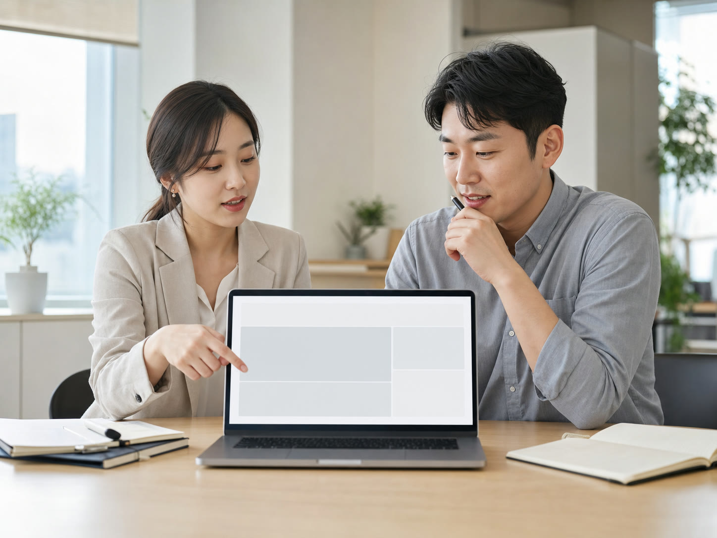 예시 이미지: 팀원이 문의 유형을 분류하며 화면을 논의하는 장면