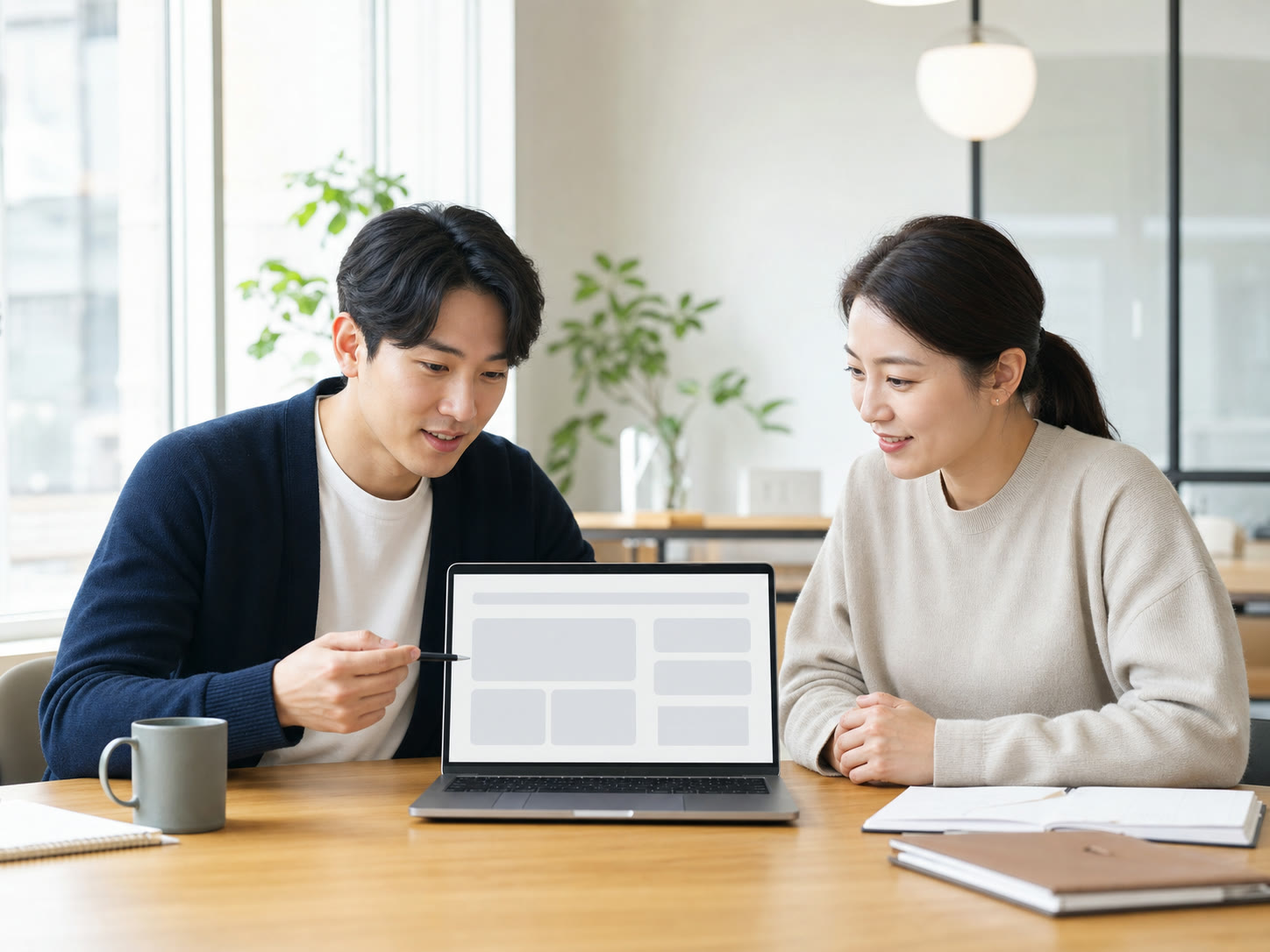 예시 이미지: 마케팅 성과를 함께 검토하며 기준을 이야기하는 소규모 팀