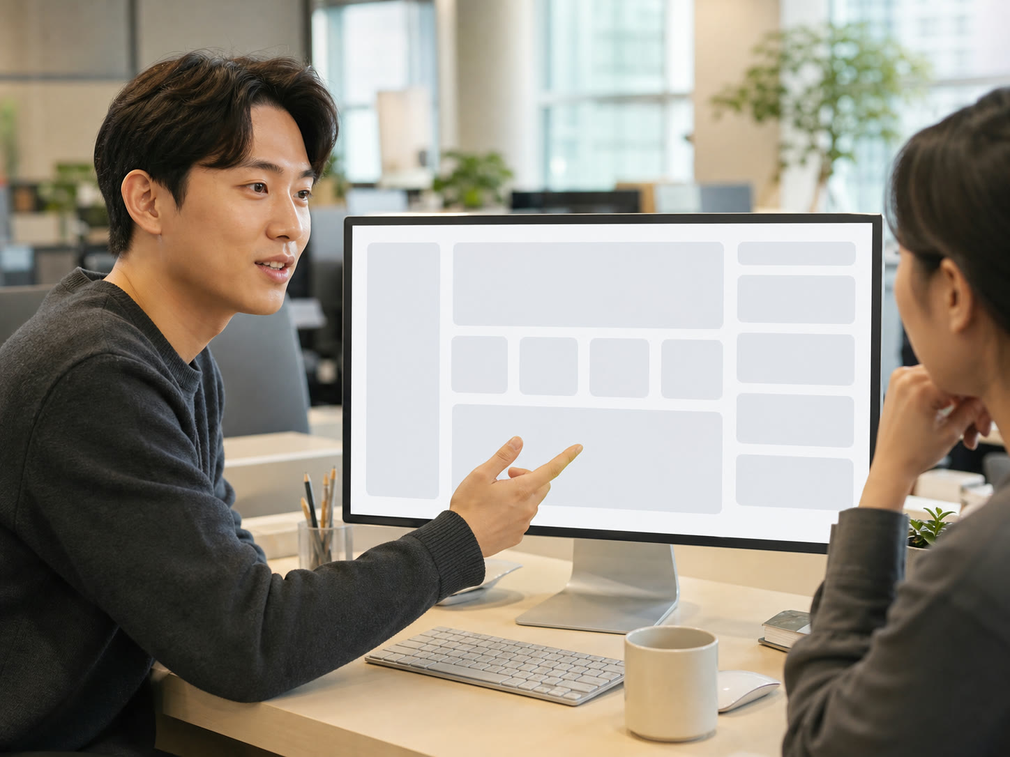 예시 이미지: 상담 로그를 함께 검토하는 인하우스 마케터