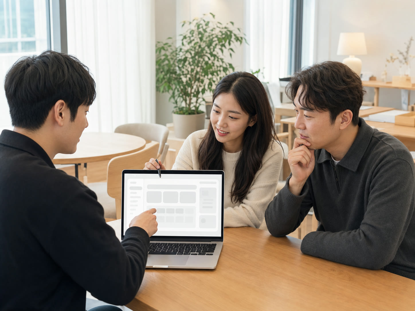 예시 이미지: 오프라인 교육 공간에서 업무 자동화 화면을 보며 질문하는 수강생