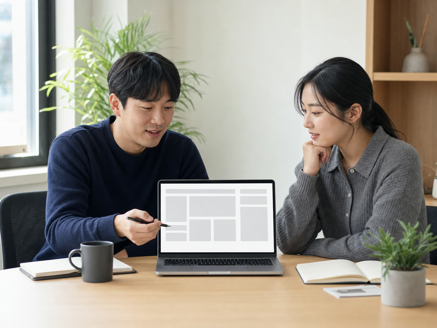 예시 이미지: 한국인 인하우스 마케터가 회의 중 상담 요약 화면을 동료에게 보여주는 장면