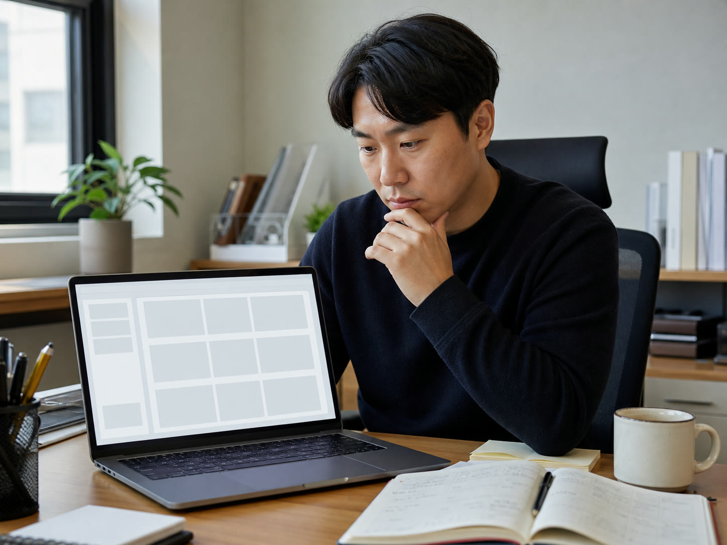 예시 이미지: 노트북으로 블로그 발행 목록을 확인하는 소상공인 마케터