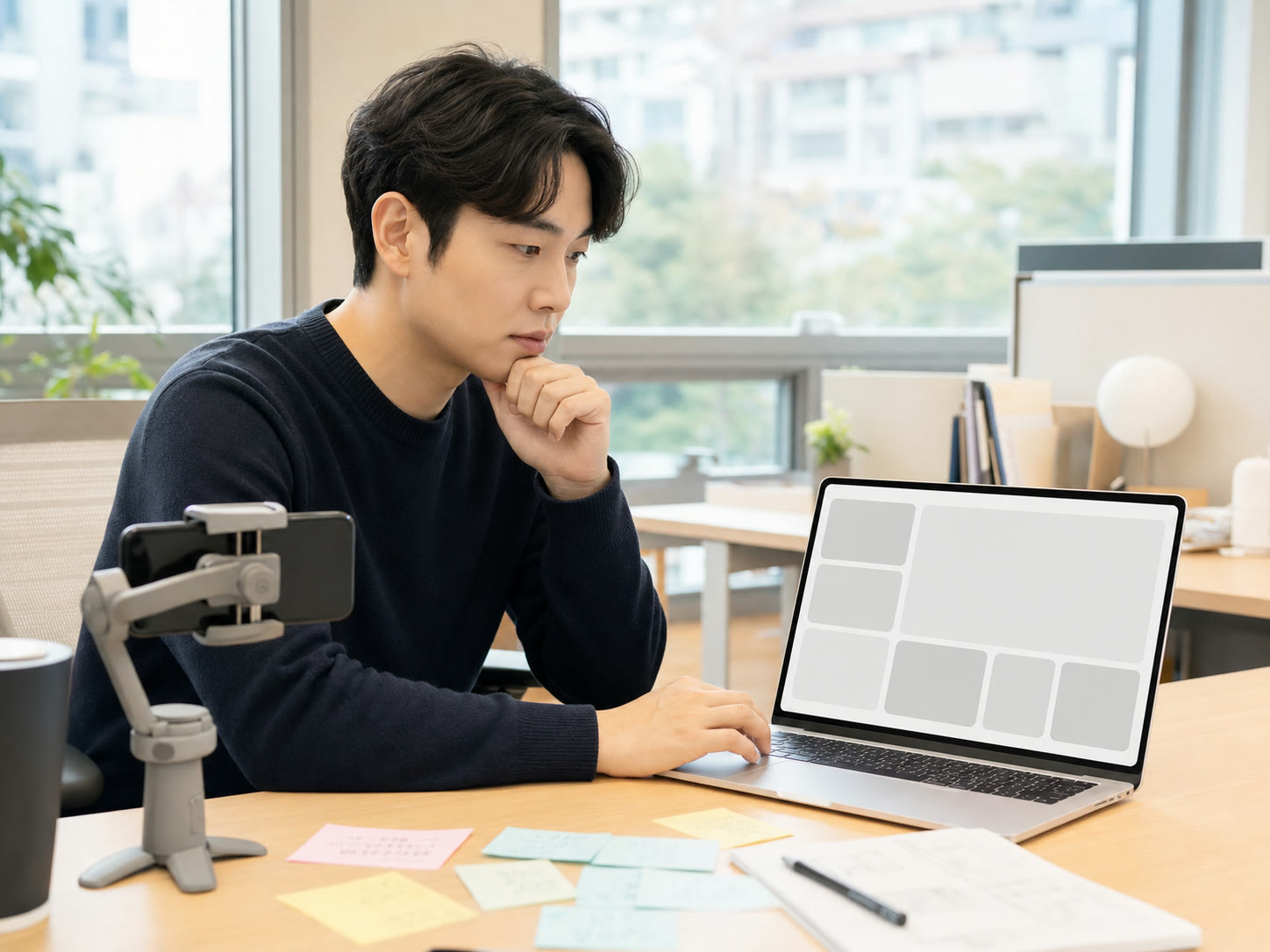 컷별 대본과 자막 구성을 확인하며 촬영 순서를 정리하는 마케터의 예시 이미지