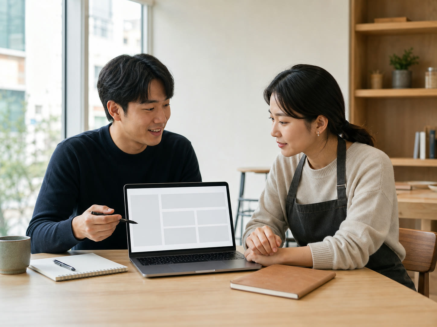 소규모 대면 교육에서 콘텐츠 화면을 함께 보며 이야기하는 모습의 예시 이미지