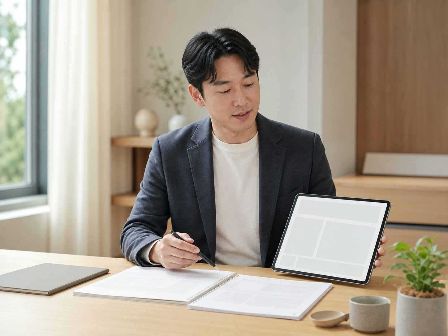 예시 이미지: 한국 강사가 책상 위 수업 자료와 광고 이미지 시안을 비교하는 모습