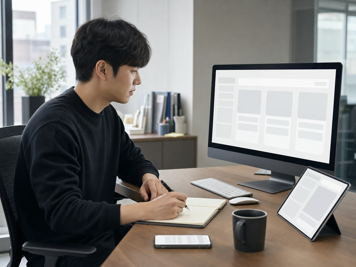 보도자료 문장을 함께 검토하는 마케터와 소상공인의 예시 이미지