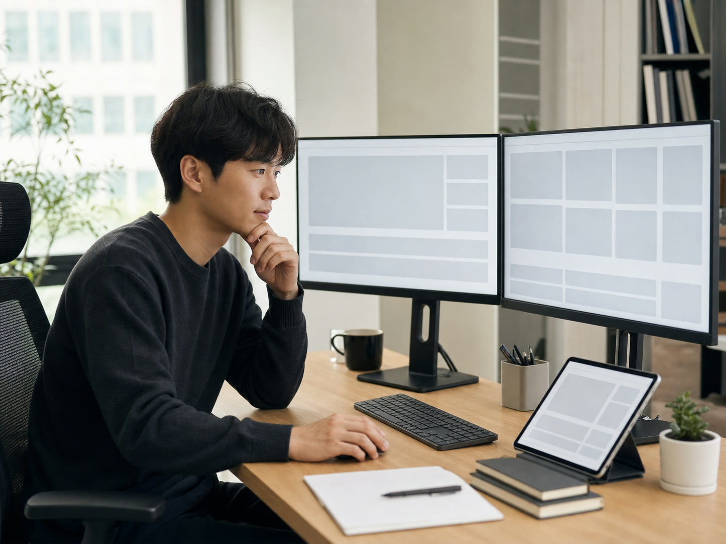 블로그 원고와 여러 이미지 폴더를 번갈아 확인하는 마케터의 업무 장면(예시 이미지)