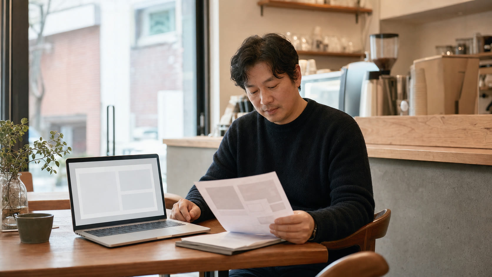 매장 문구 후보를 함께 검토하는 사장님과 직원의 모습(예시 이미지)
