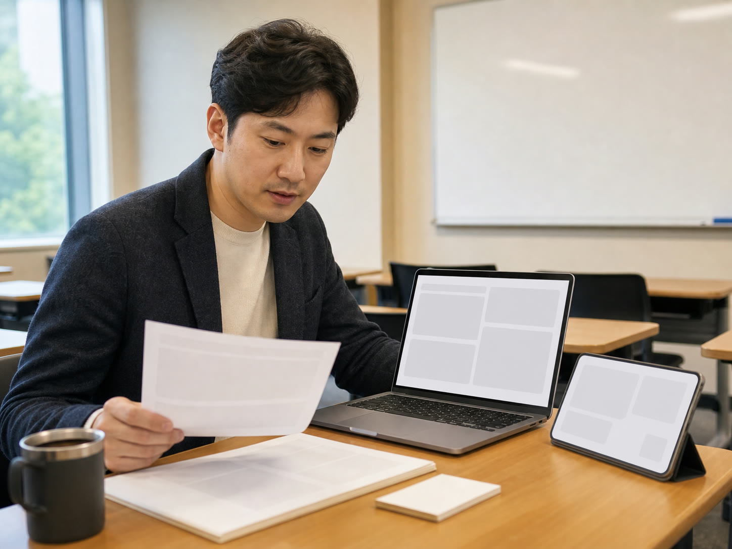 시흥의 소규모 대면 교육 공간에서 카피 비교 화면을 살펴보는 교육 장면(예시 이미지)