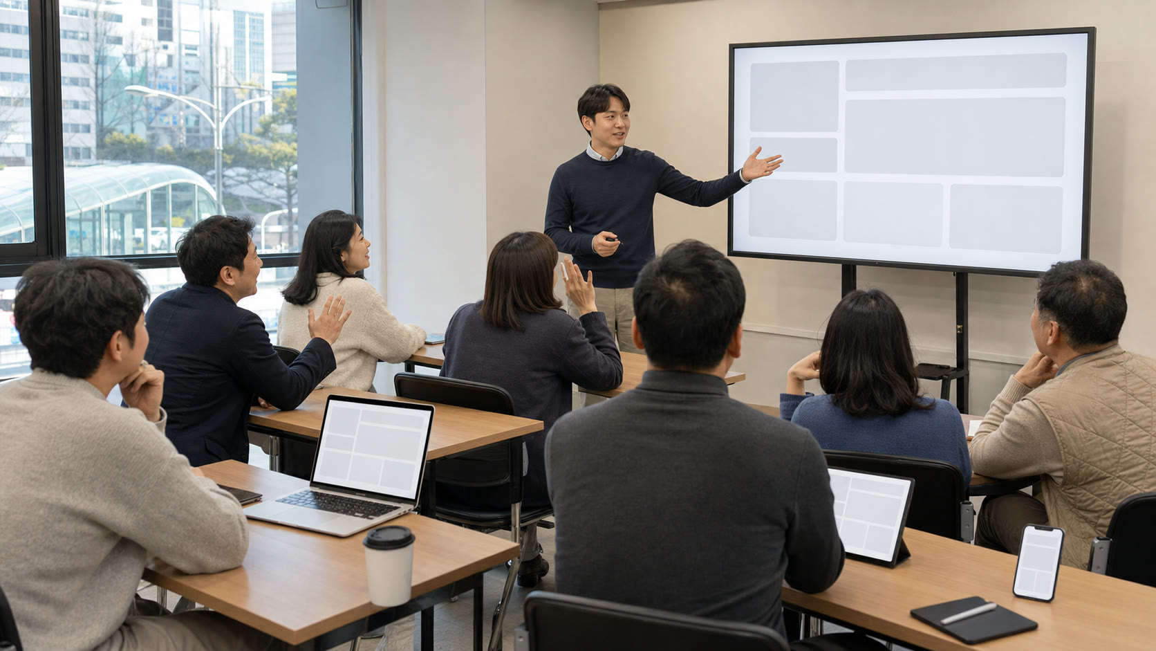 대면 교육에서 문구 세트 화면을 함께 살펴보는 수강생들(예시 이미지)