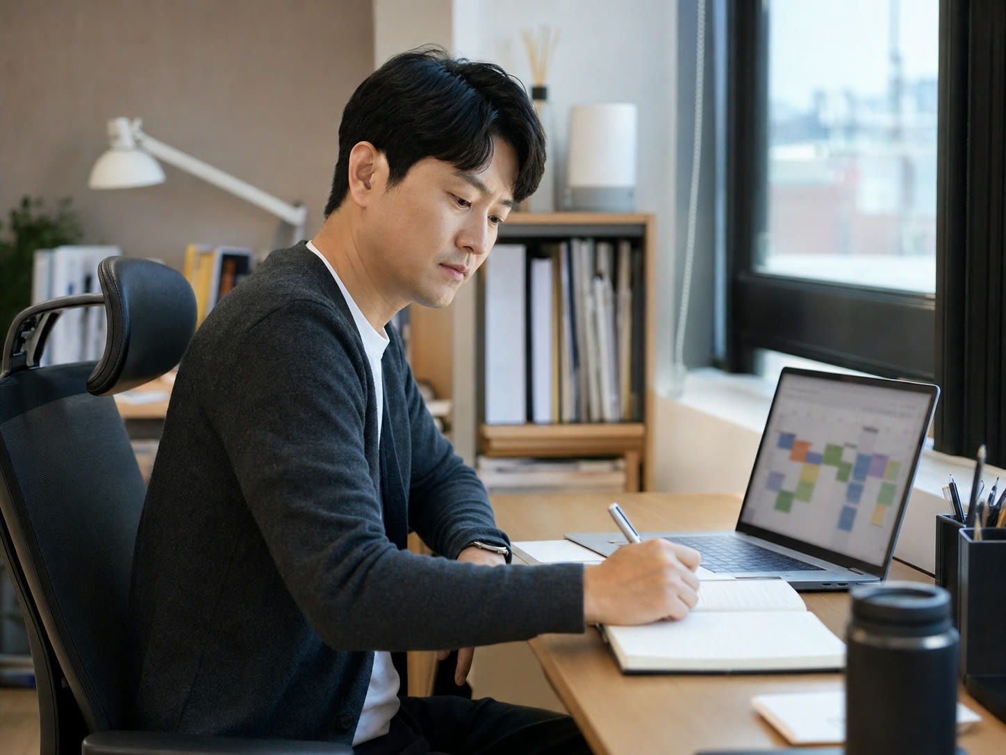 예시 이미지: 작은 사무실에서 주제표와 콘텐츠 목록을 살펴보는 한국인 대표