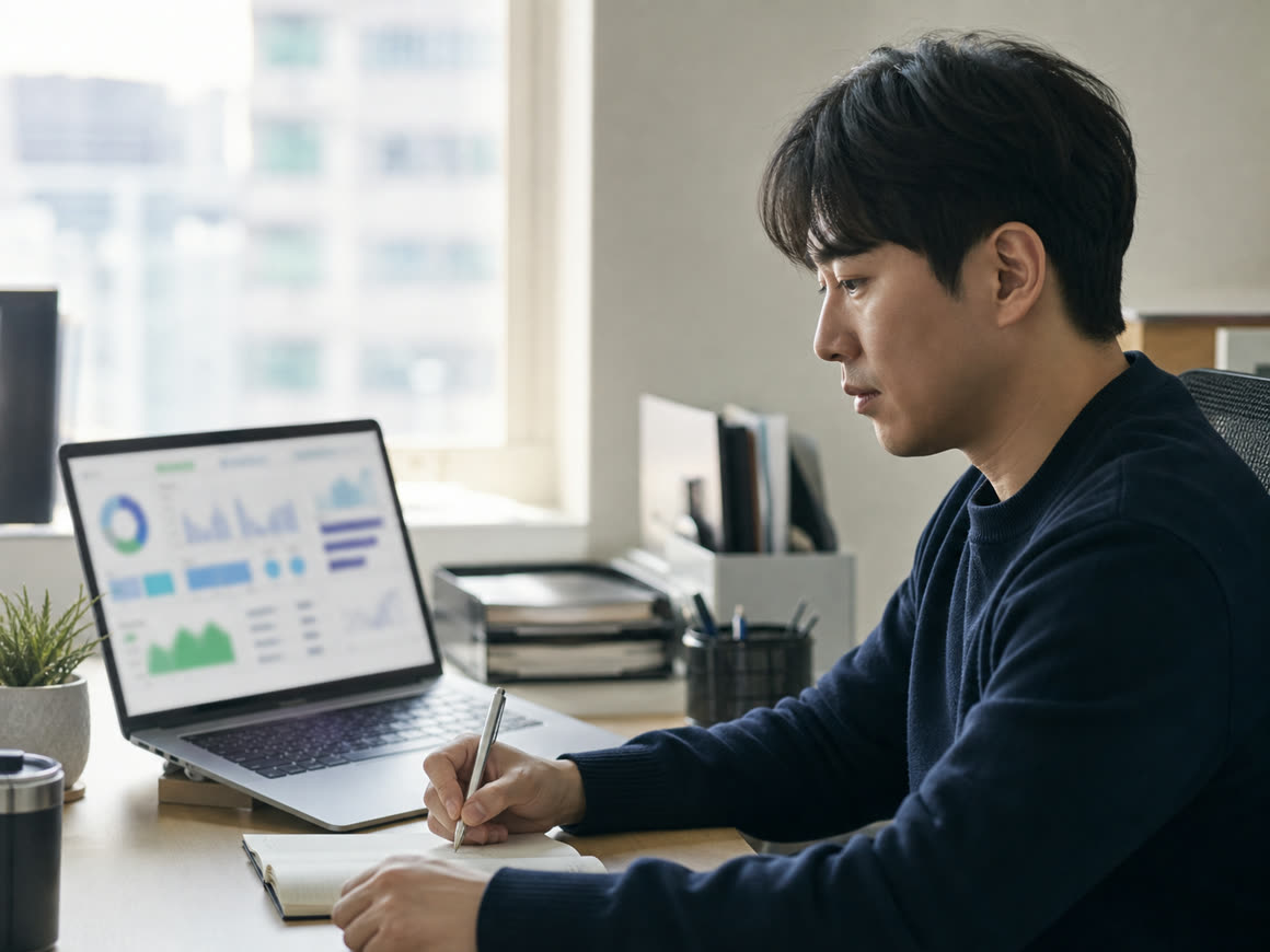 광고 성과 화면을 보며 메모하는 마케터의 예시 이미지
