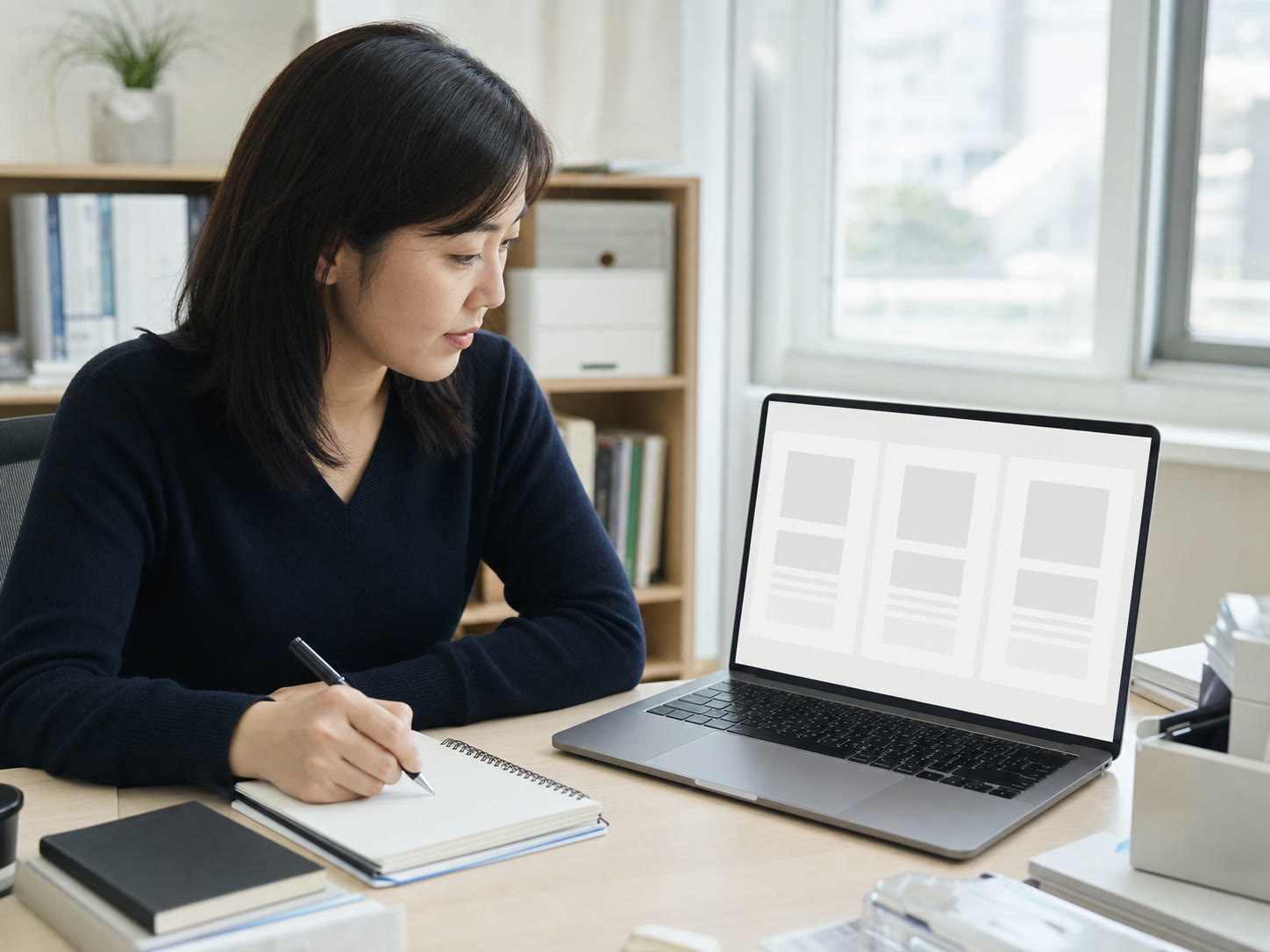 예시 이미지: 세 개의 AI 도구 화면을 비교하며 마케팅 메모를 정리하는 장면