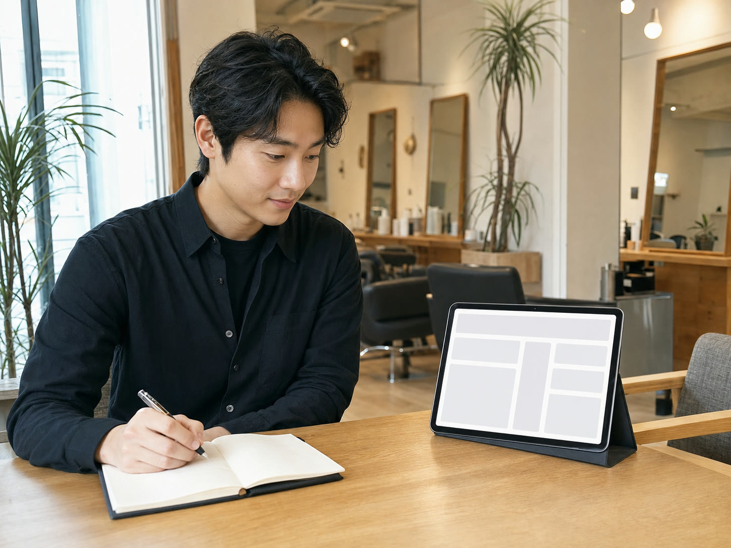 AI가 정리한 마케팅 요약을 보며 메모하는 사장님의 예시 이미지
