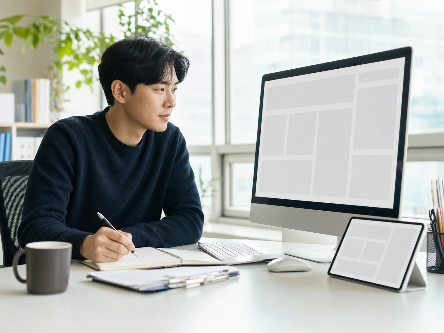 고객 현황 화면을 보며 업무를 정리하는 인하우스 마케터의 예시 이미지