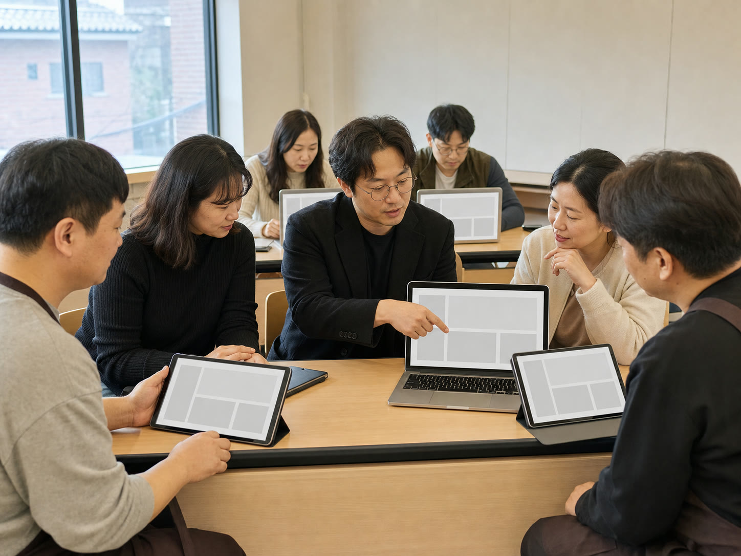 AI로 만든 매장용 화면 예시를 함께 살펴보는 오프라인 교육 장면