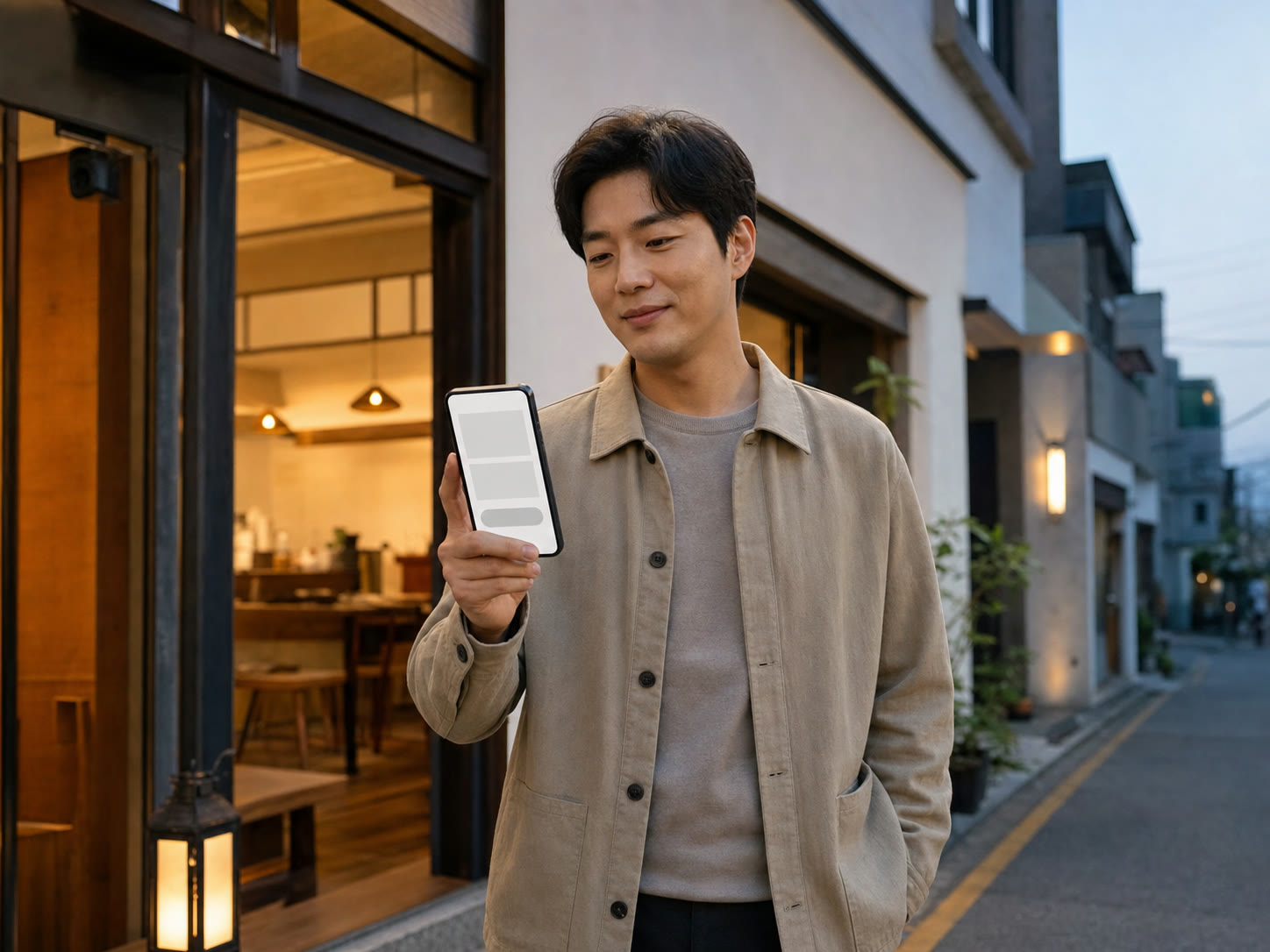 매장 방문 후 받은 감사 문자를 스마트폰으로 확인하는 손님의 예시 이미지