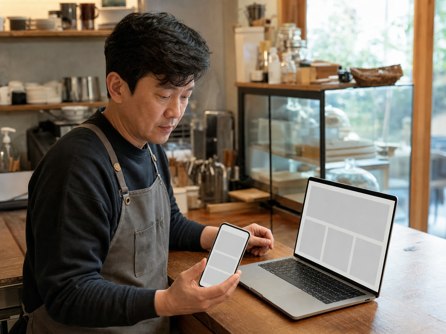 휴무 안내문과 신메뉴 사진을 번갈아 확인하는 동네 카페 사장님의 모습(예시 이미지)