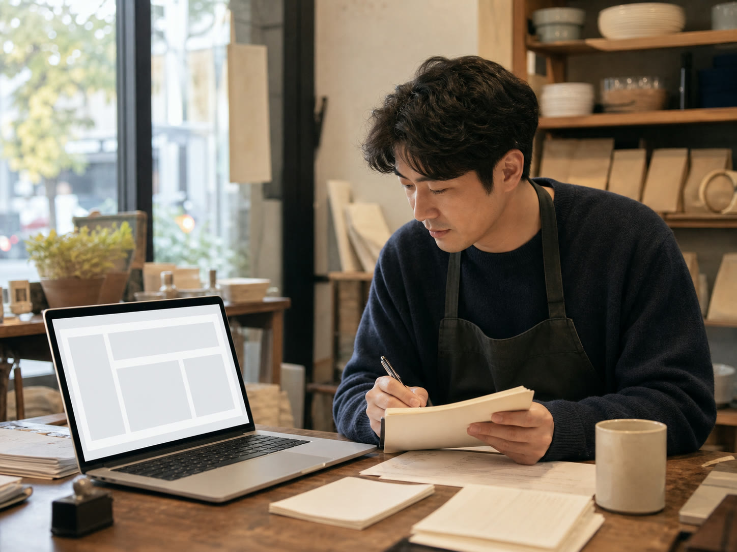 클로드 코드 화면을 참고하며 자신의 가게 문의 과정을 설명하는 한국인 대표