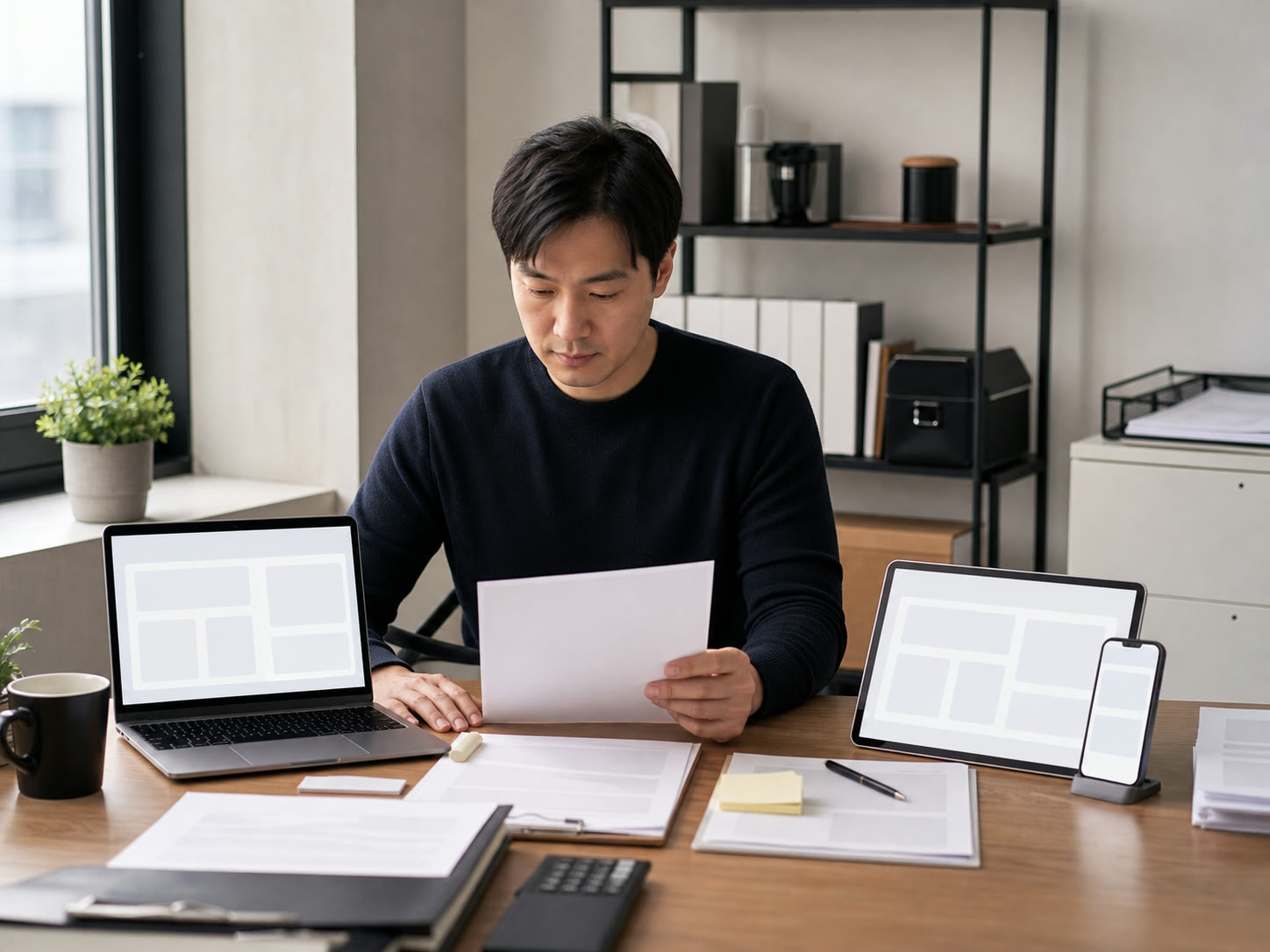 예시 이미지: 사업자등록 서류 옆에 고객 질문과 업무 목록을 나눠 적는 한국의 예비창업자