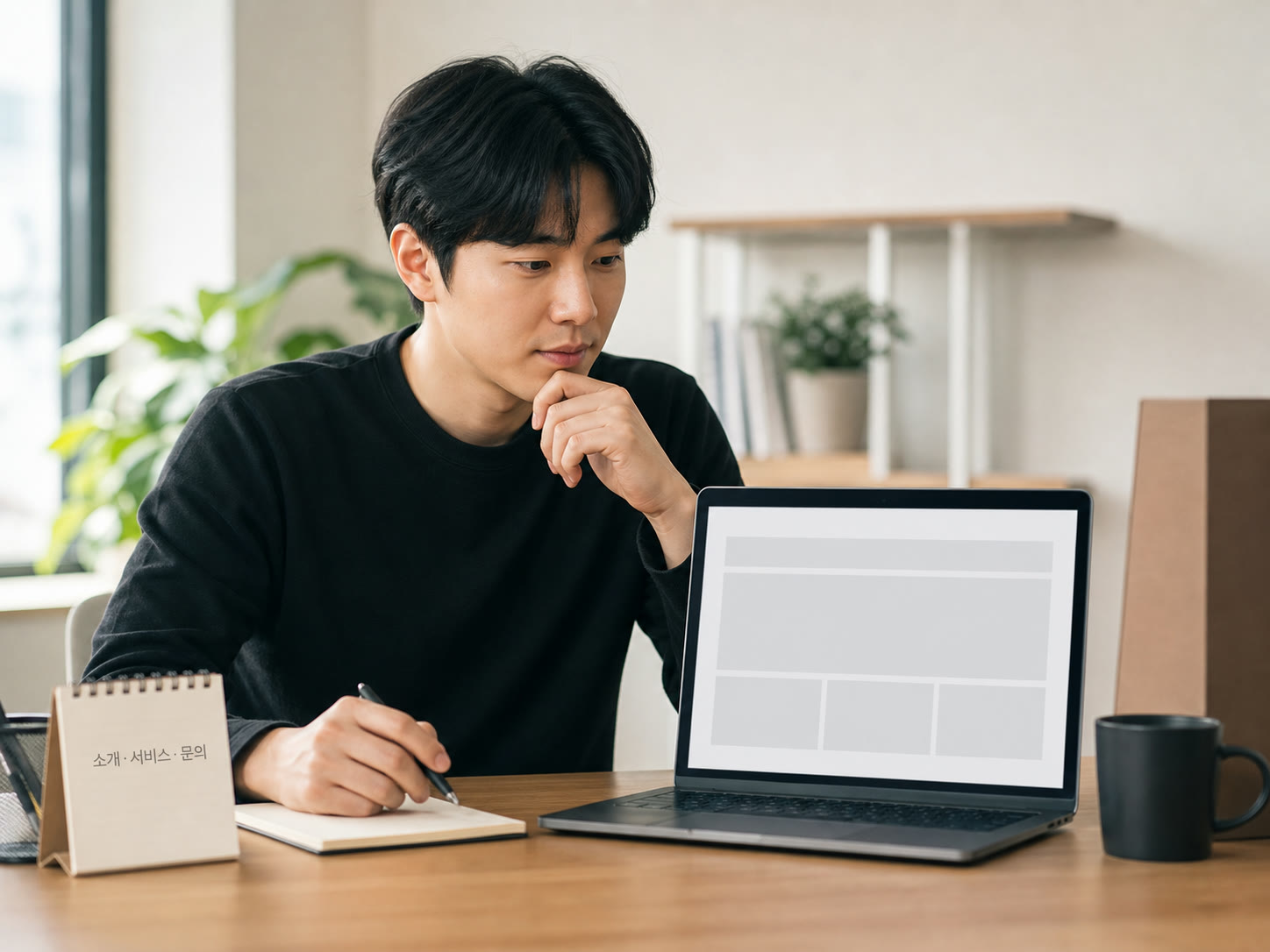 노트북 화면에 소개·서비스·문의 세 화면의 와이어프레임을 나란히 살펴보는 예비창업자, 예시 이미지