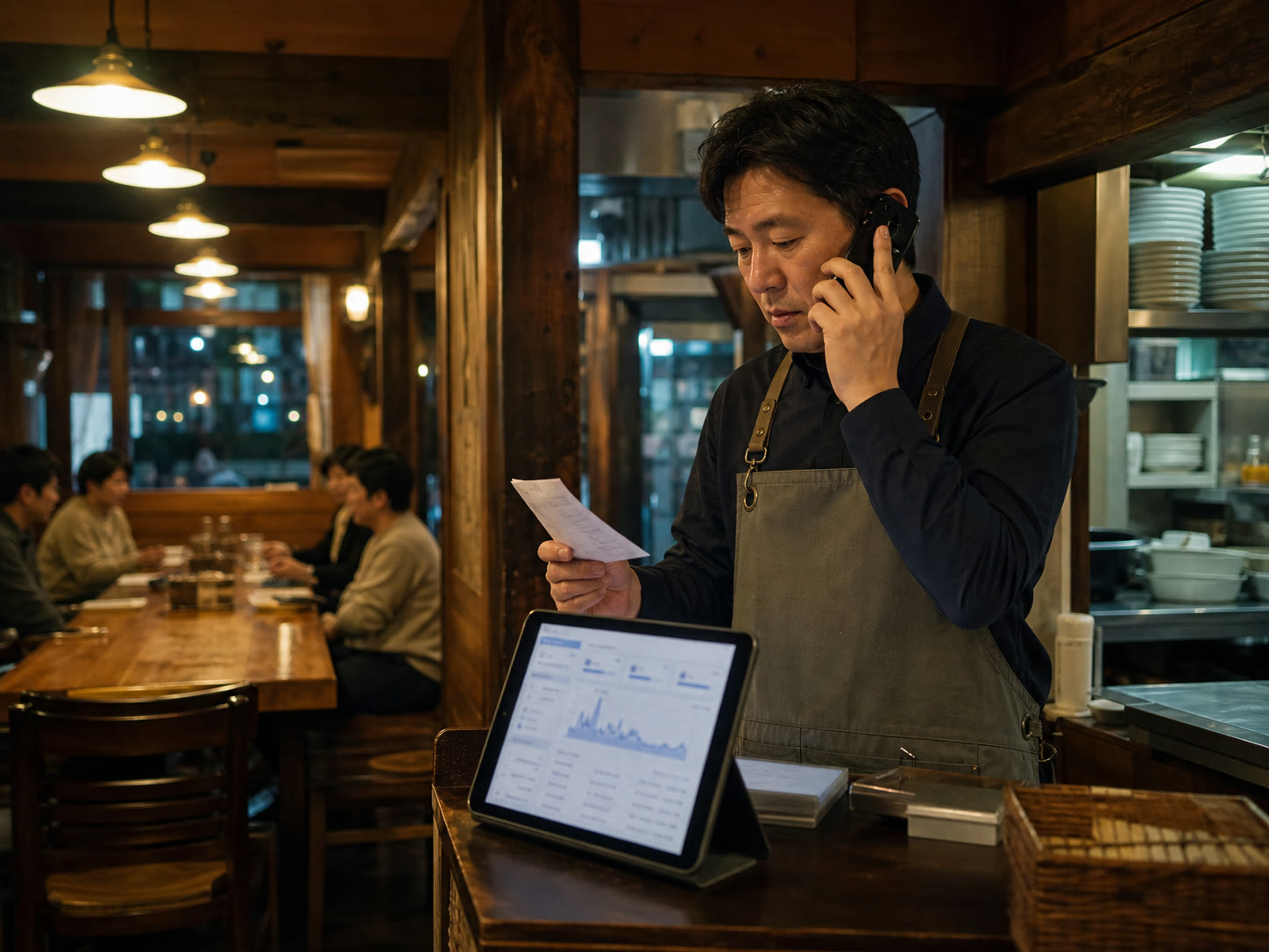 예시 이미지: 한국의 작은 음식점 홀에서 사장님이 전화 예약을 받으며 옆 메모와 태블릿 화면을 함께 확인하는 장면