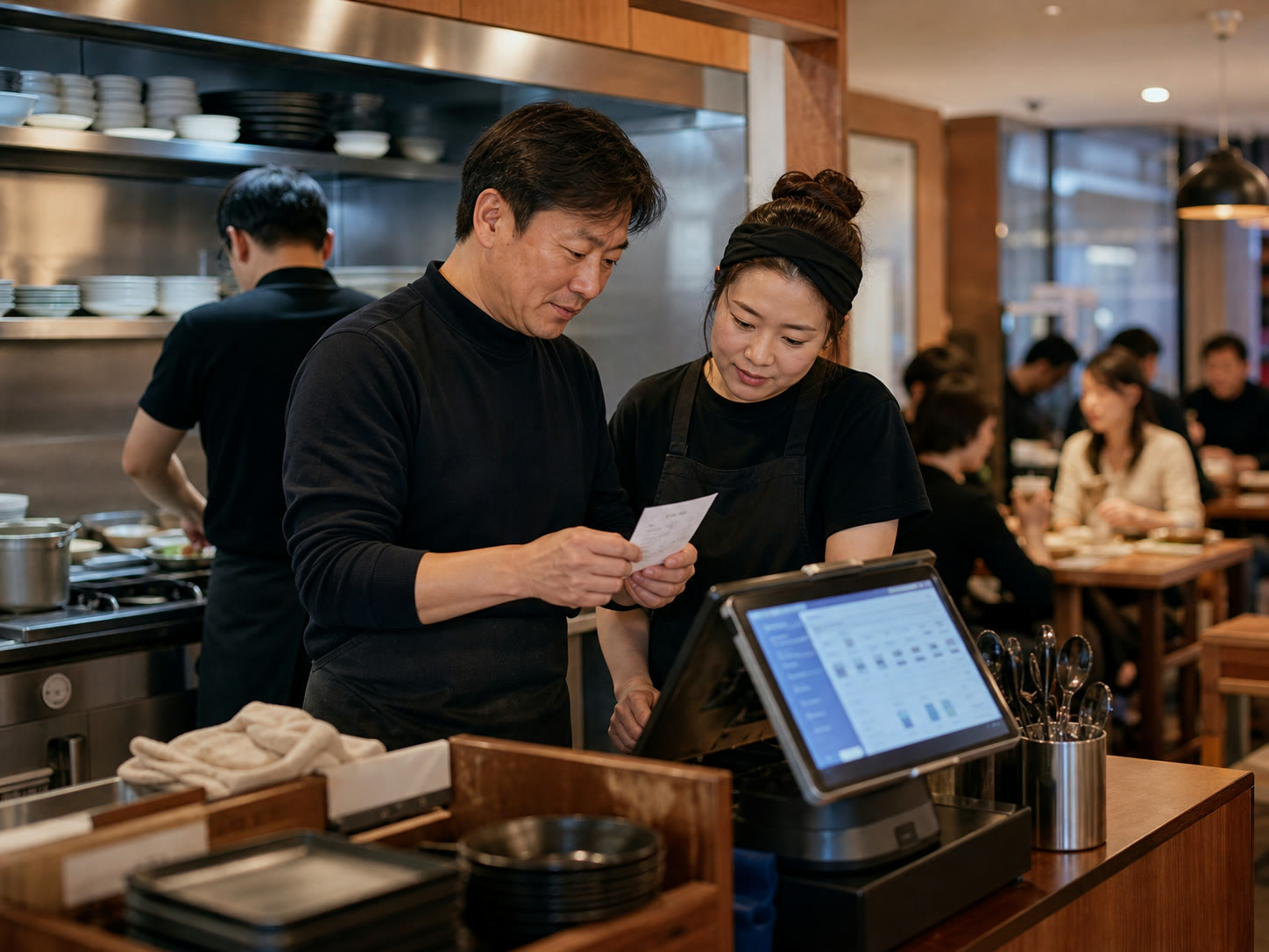예시 이미지: 한국 음식점 주방과 홀 사이에서 사장님이 직원에게 예약 인원 변동을 전달하고 태블릿 화면을 확인하는 장면