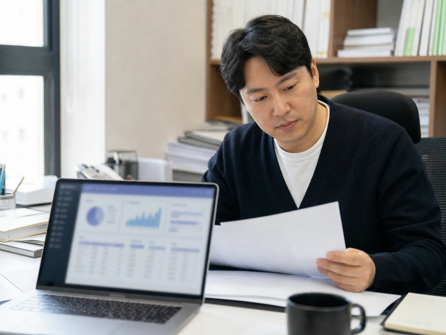 오래된 문서와 메모를 살펴보며 결정의 이유를 찾는 한국 소규모 사업 대표의 예시 이미지