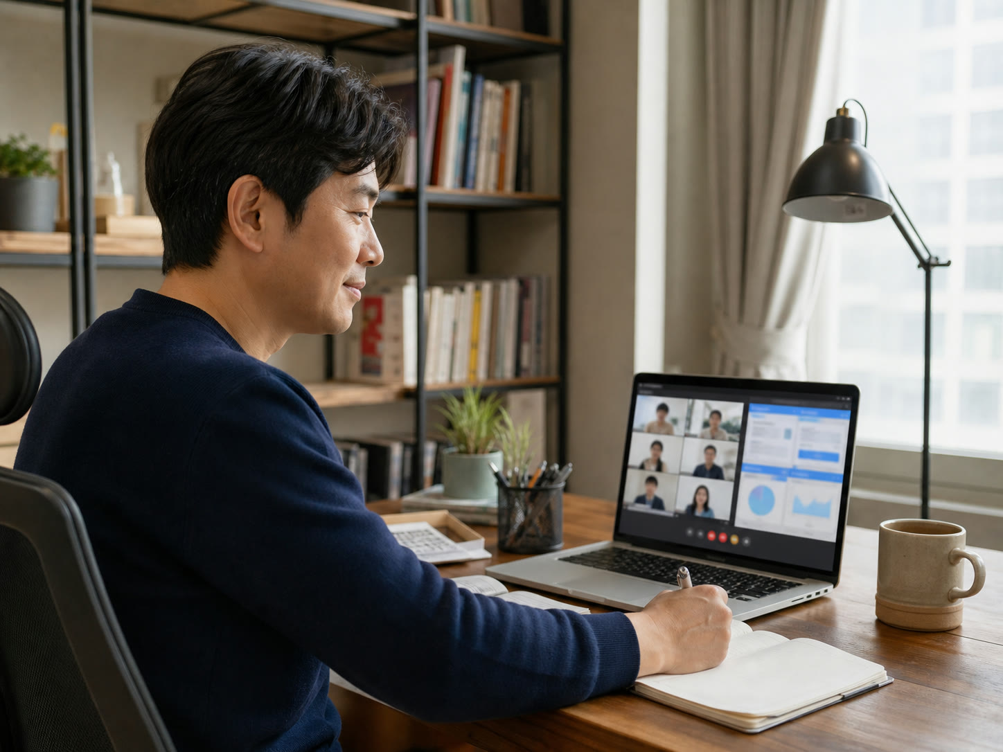 Google Meet 화면을 보며 각자의 콘텐츠 업무를 이야기하는 온라인 모임의 예시 이미지