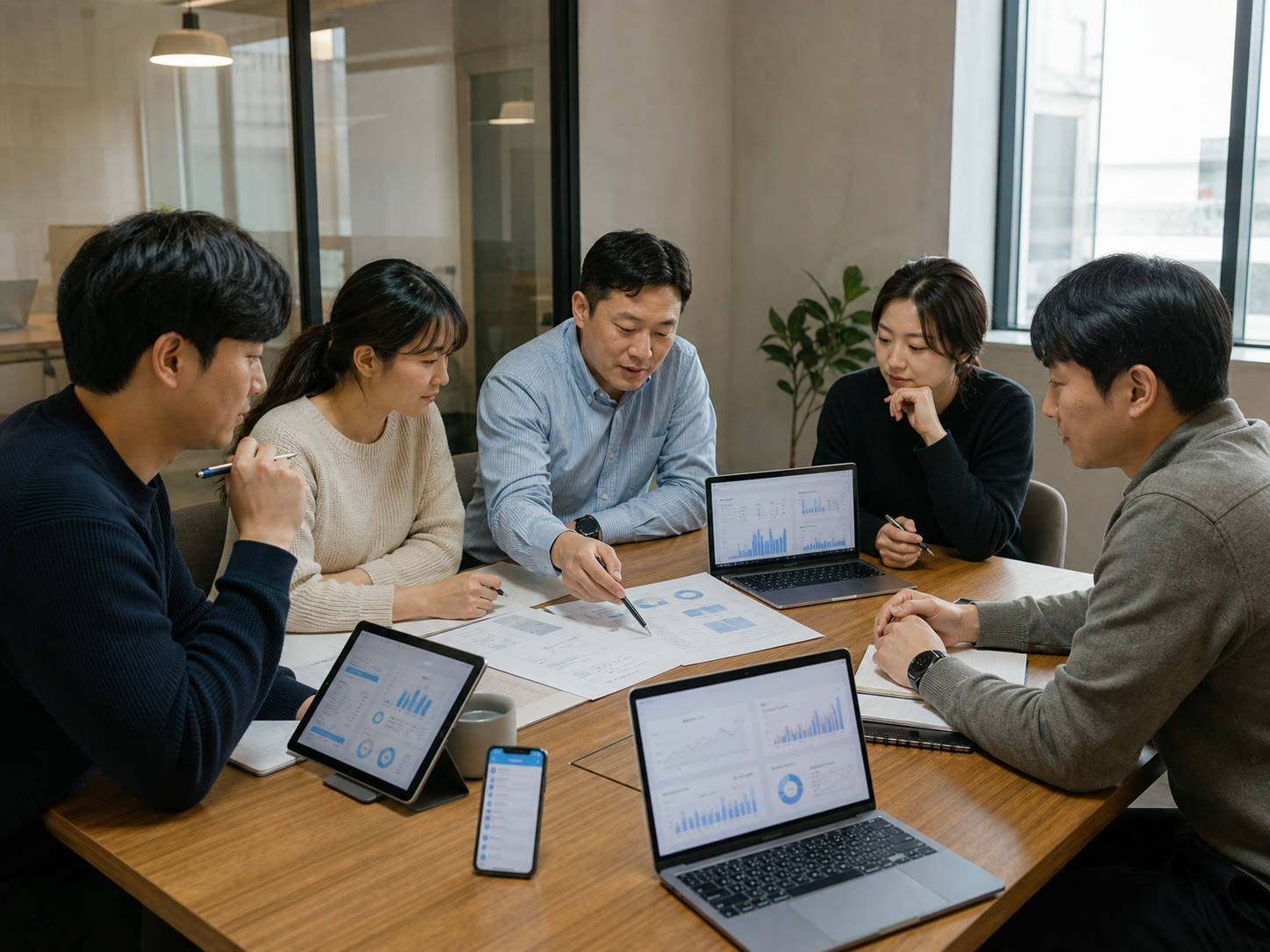 한국의 작은 회사 사무실에서 대표와 직원이 여러 부서의 업무 문서를 펼쳐 놓고 반복 작업이 많은 지점을 표시하는 장면, 자연스러운 실사 이미지