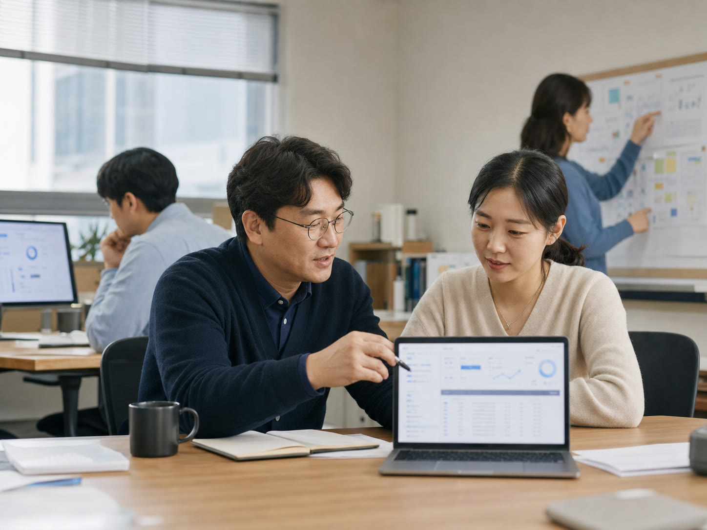 한국 소규모 회사에서 대표와 담당자가 일주일간 줄어든 반복 업무와 남은 예외를 함께 검토하는 실사 장면