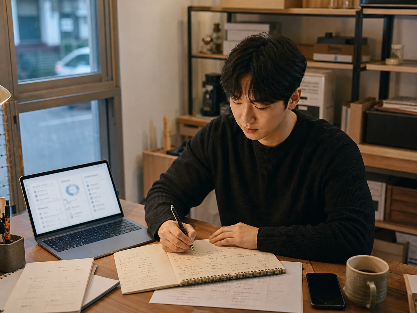 한국의 예비창업자가 작은 책상에서 자신의 업무 목록을 부서별로 나누고 자동화 후보를 표시하는 실사 장면