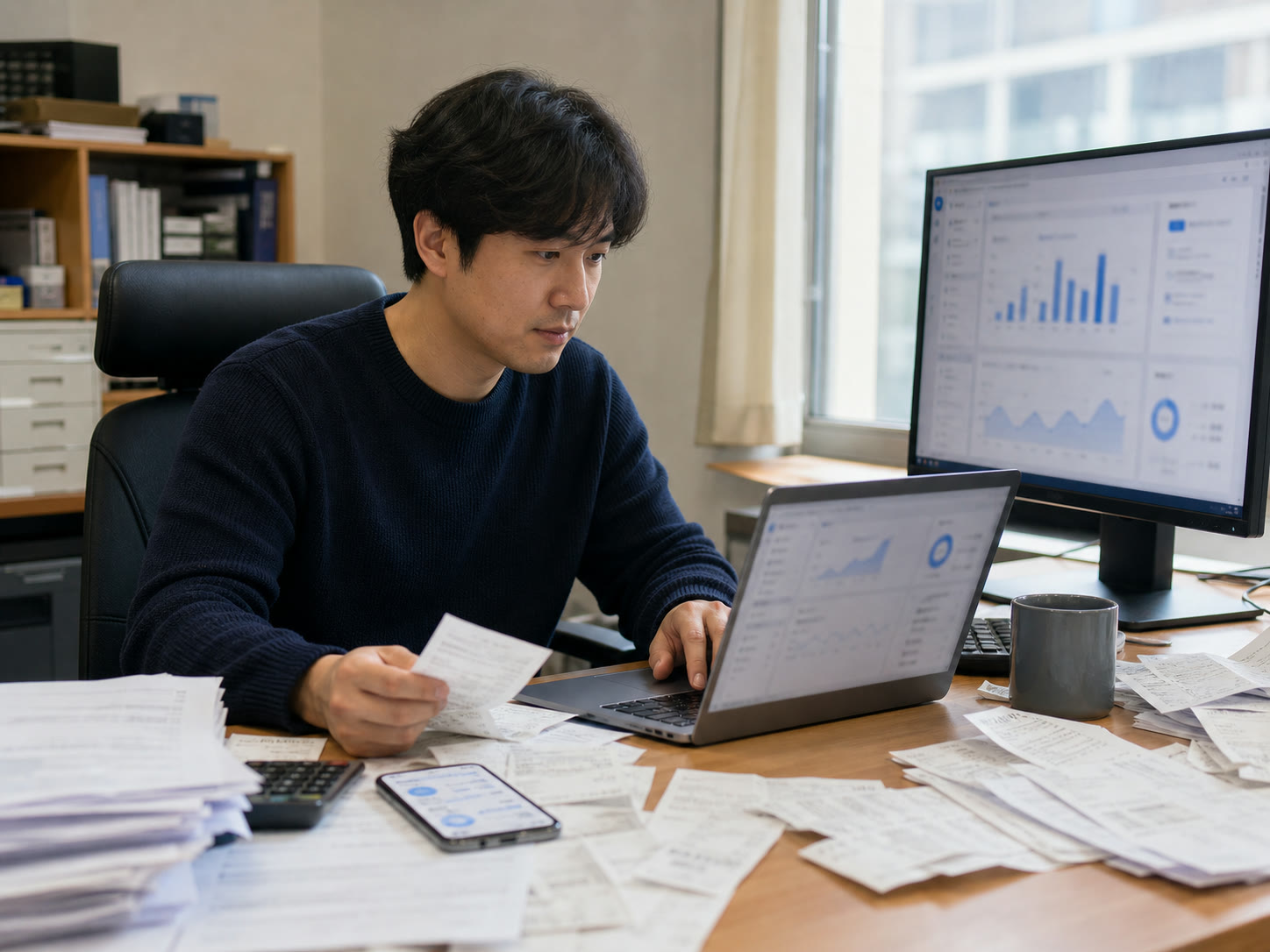 한국의 작은 사무실 책상 위에 종이 영수증, 휴대폰, 노트북이 놓여 있고 1인기업 대표가 자료를 정리하다 잠시 멈춘 모습의 예시 이미지