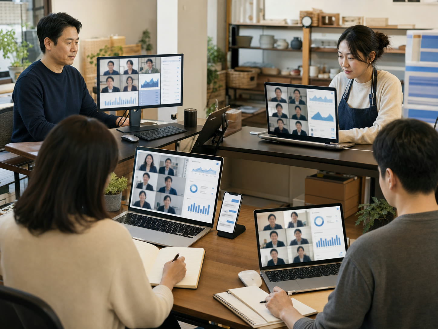 온라인 Google Meet 화면을 사이에 두고 대표들이 각자 노트북으로 자신의 업무 자료 정리 문제를 이야기하는 예시 이미지