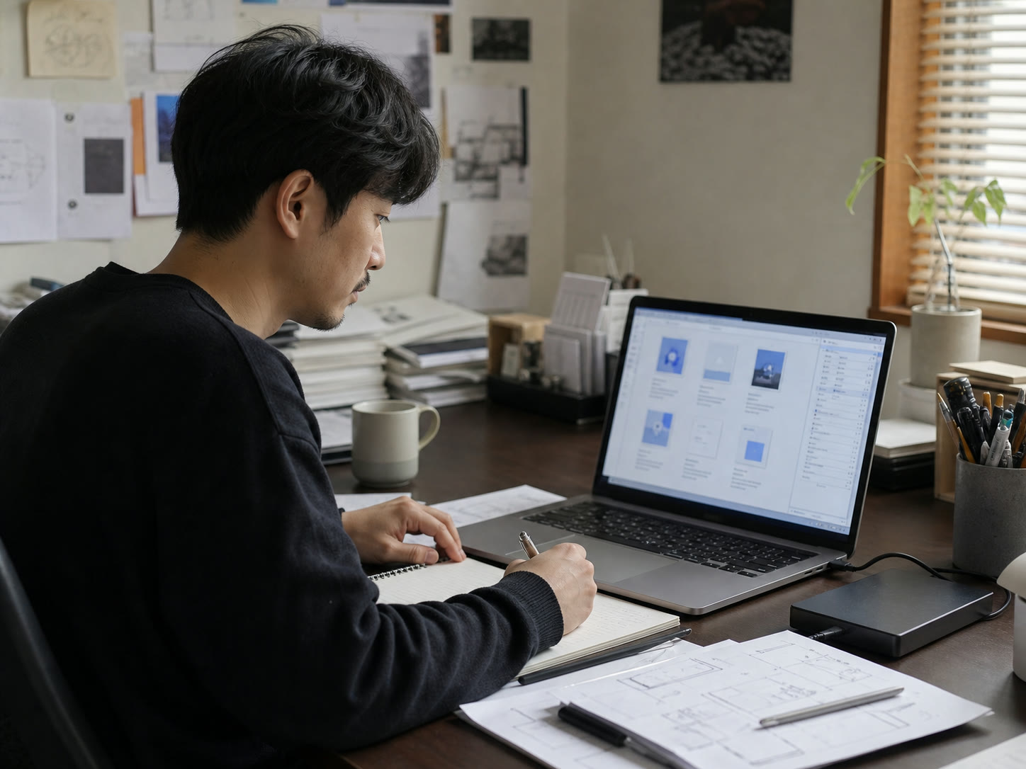 예시 이미지: 여러 작업 파일 사이에서 포트폴리오 구성을 고민하는 한국인 프리랜서