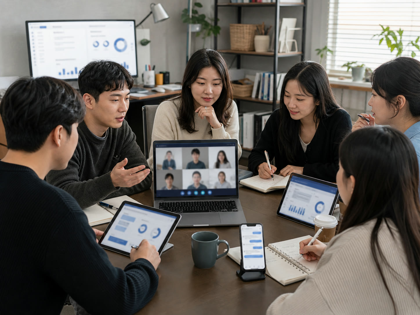 예시 이미지: Google Meet 화면으로 각자의 업무에 AI를 붙일 곳을 이야기하는 한국인 소규모 모임