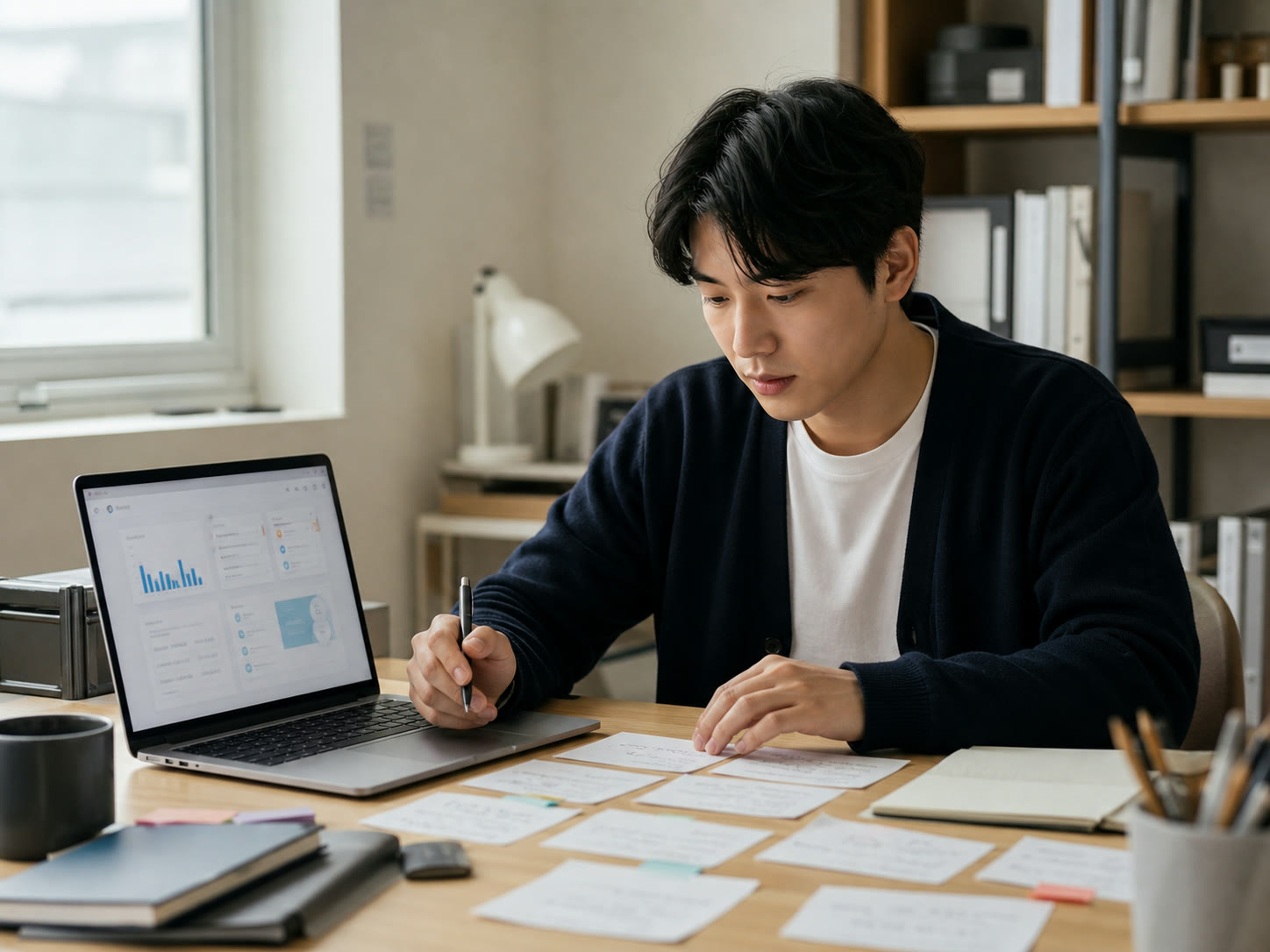 AI가 정리한 기록을 바탕으로 다음 작업 범위와 우선순위를 생각하는 한국의 예비창업자, 예시 이미지