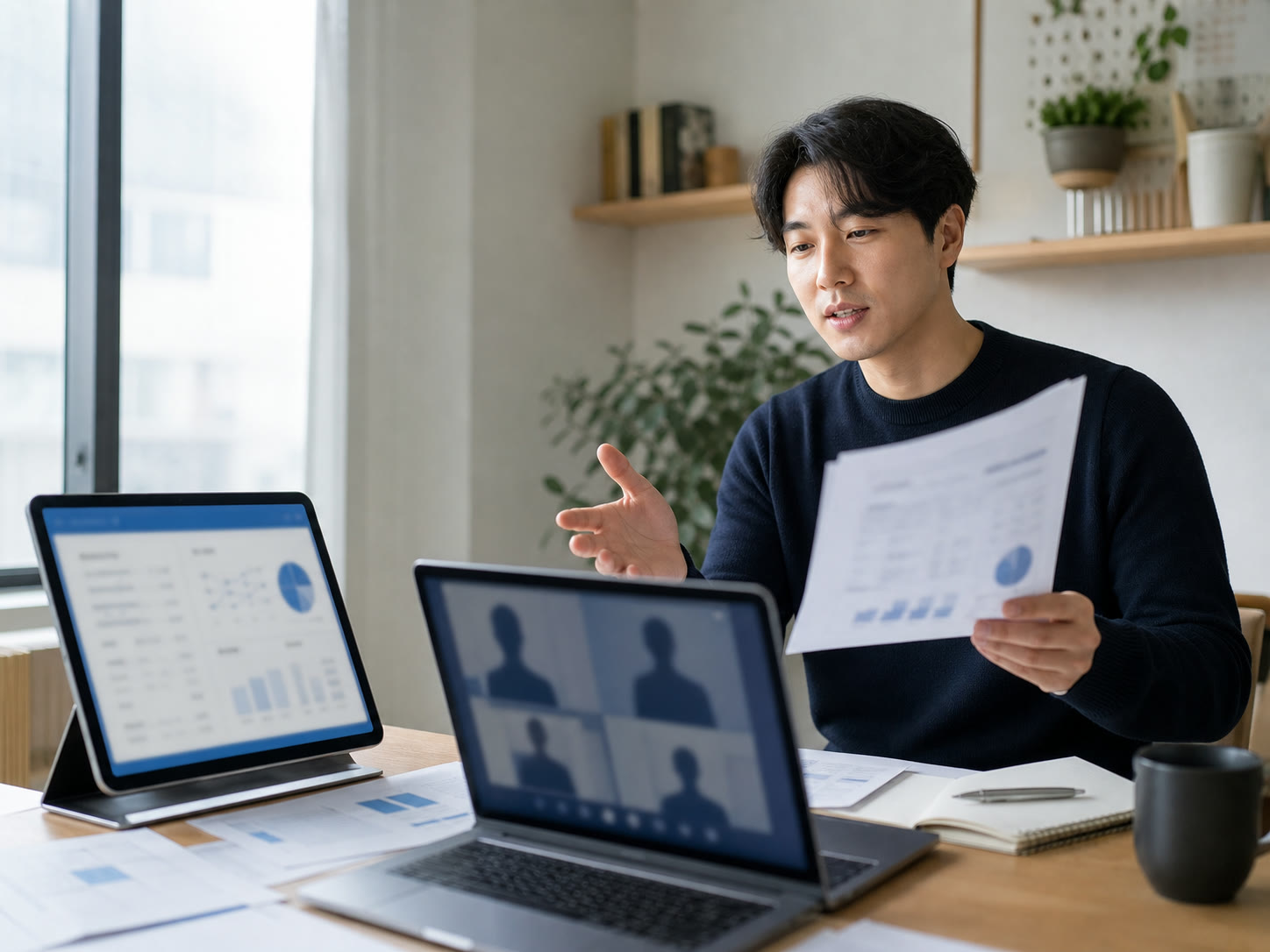 온라인 화면으로 자신의 업무를 설명하고 AI를 붙일 지점을 함께 정리하는 한국의 소규모 사업자, 예시 이미지