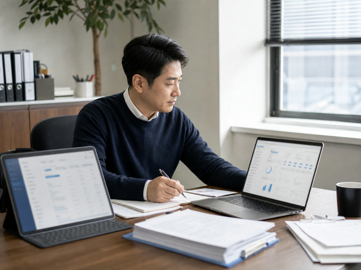 노트북 화면의 검증 상태 카드를 함께 바라보는 한국의 소규모 팀, 예시 이미지