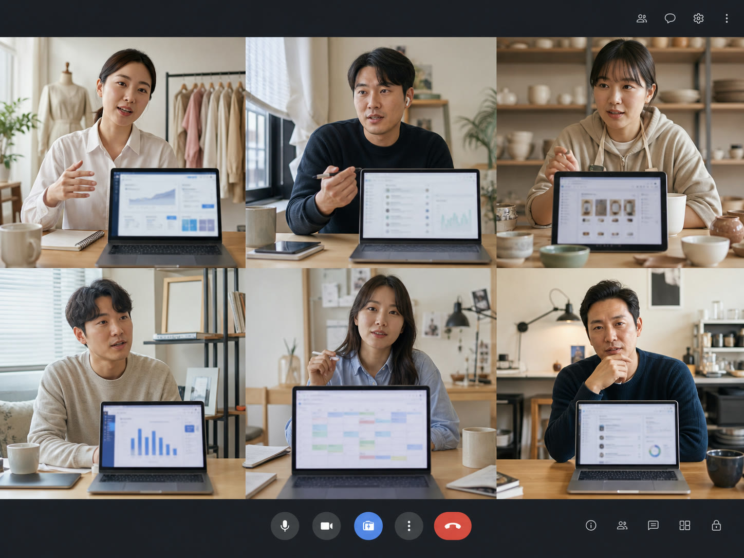 Google Meet 화면으로 각자의 업무 장면을 이야기하는 한국의 소규모 모임, 예시 이미지